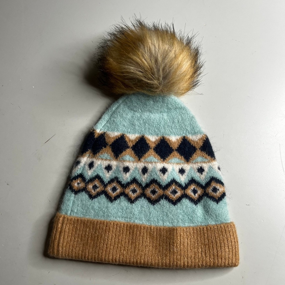 Halogen Atlantic Pacific Fair Isle Faux Fur Pom Beanie Blue Brown Knit Hat OS